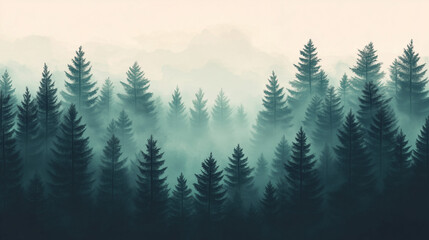 Fototapeta premium Misty landscape with fir forest in vintage retro style. Generative AI 