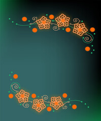 Orange Flower  border. Indian holiday greeting card with copy space. Marigold flowers on dark green background. Diwali festive card, banner.