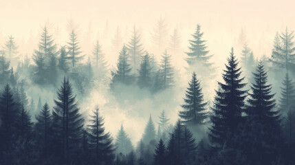 Fototapeta premium Misty landscape with fir forest in vintage retro style. Generative AI 