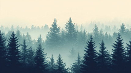 Misty landscape with fir forest in vintage retro style. Generative AI
