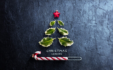 Christmas Loading Minimal Concept - Tree And Candy Canes On Dark Background