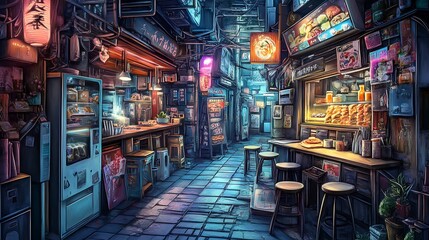 Fototapeta premium A Narrow Street in an Asian City with Vibrant Storefronts.