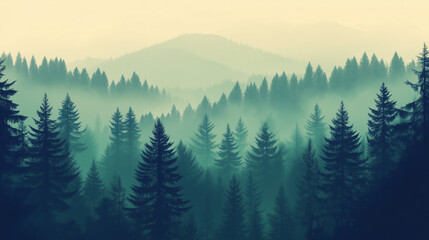 Fototapeta premium Misty landscape with fir forest in vintage retro style. Generative AI 