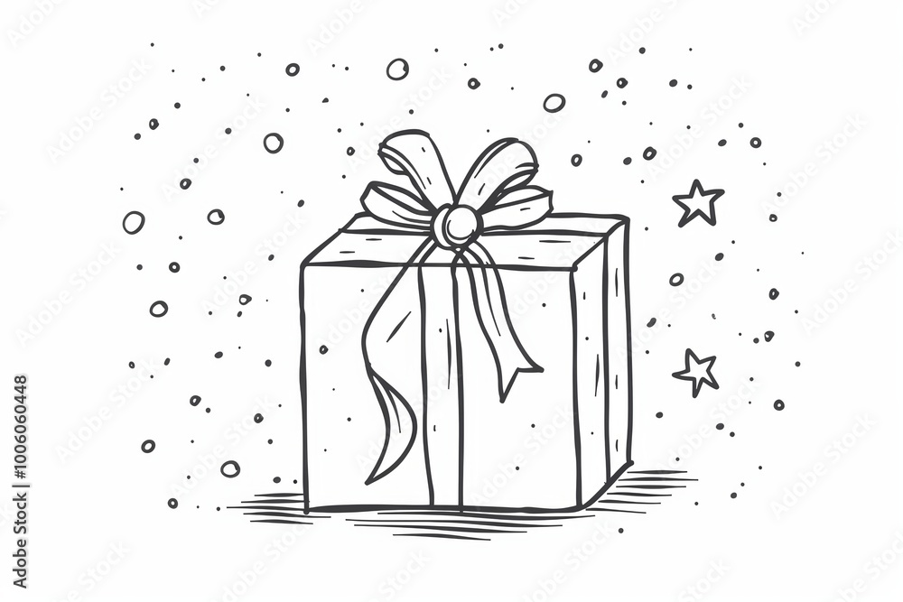 Poster a box with a bow on top of it. the box is surrounded by snowflakes