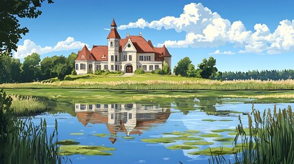 Obraz premium Idyllic Lakeside Mansion with Lush Green Foliage and Blue Sky.