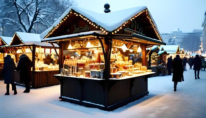 Naklejka premium A festive winter market scene featuring illuminated stalls, surrounded by snow and shoppers enjoying the holiday atmosphere.