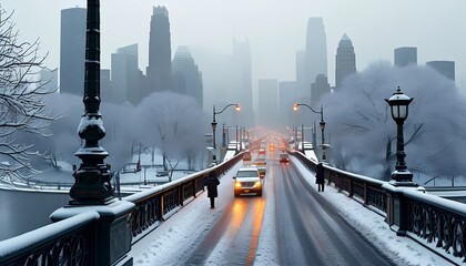 A snowy urban scene featuring a bridge with a yellow taxi, showcasing a misty skyline and winter...