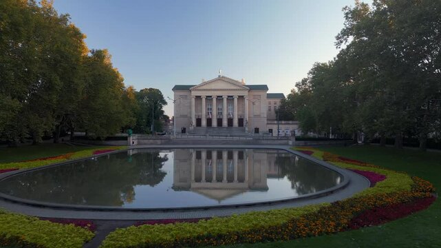 Grand Theatre, Poznań (Polish: Teatr Wielki im. Stanisława Moniuszki w Poznaniu) is a neoclassical opera house located in Poznań, Poland, aerial view during autumn morning.