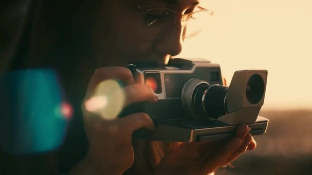 Woman with glasses taking a photo with a vintage camera in a sunset setting