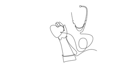 Animated self drawing of continuous line draw doctor hands holding stethoscope with heart shape decoration as symbol healthy heart beat. Medical health care concept. Full length single line animation