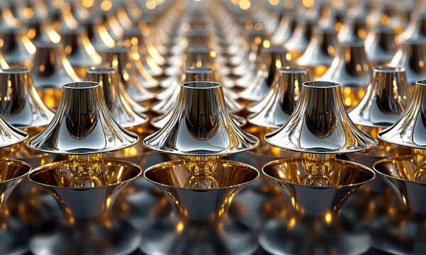 Symmetrical arrangement of Christmas bells in a grid pattern, with each bell perfectly aligned and polished. . Video