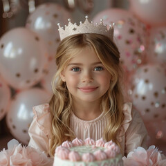 Cute little girl in crown with Birthday cake and balloons on pink background. Made with generative ai.
