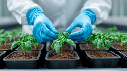 Hands in blue gloves examining seedlings in a greenhouse
