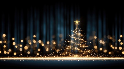 A sparkling golden Christmas tree adorned with a star, radiating warmth and magic against a sleek black background - Powered by Adobe