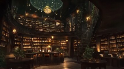 Fototapeta premium Enchanting Library Interior with Bookshelves and Ornate Ceiling.