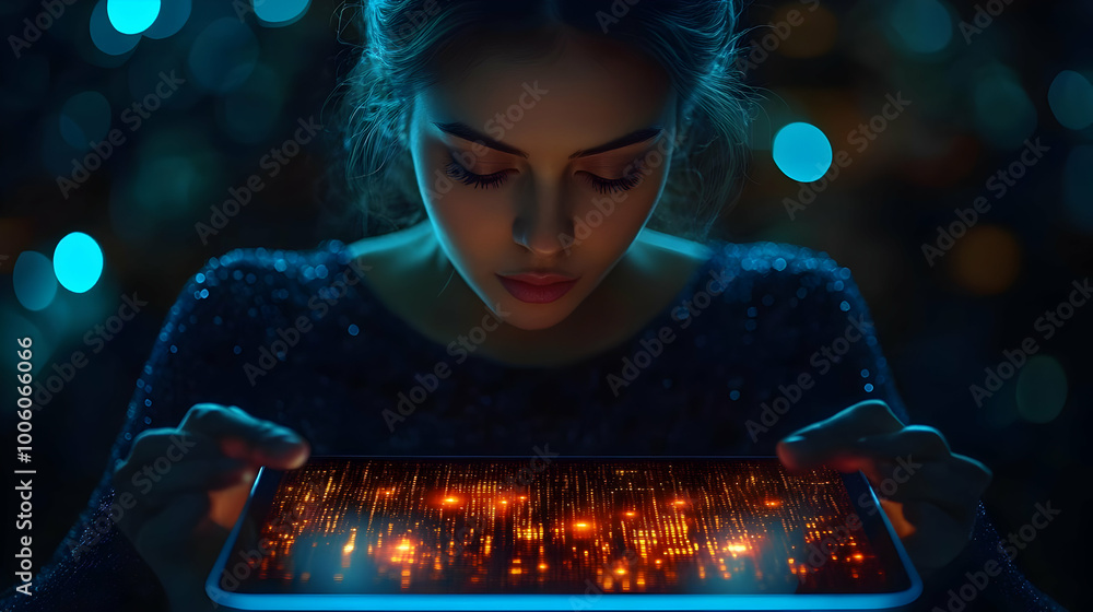 Poster woman looking at tablet screen with data and code