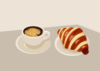 Espresso cup and croissant on a plate. Breakfast theme. Bakery concept. Vector illustration. Coffee time.