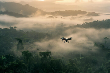 Fototapeta premium Drone flying in the sky over nature during observation