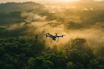 Fototapeta premium Drone flying in the sky over nature during observation