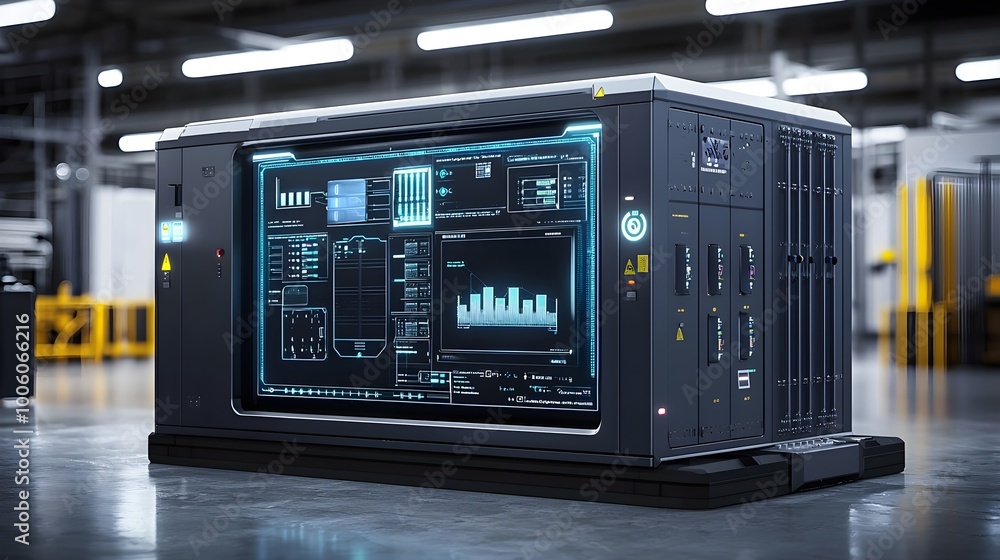 Poster futuristic server rack with data display