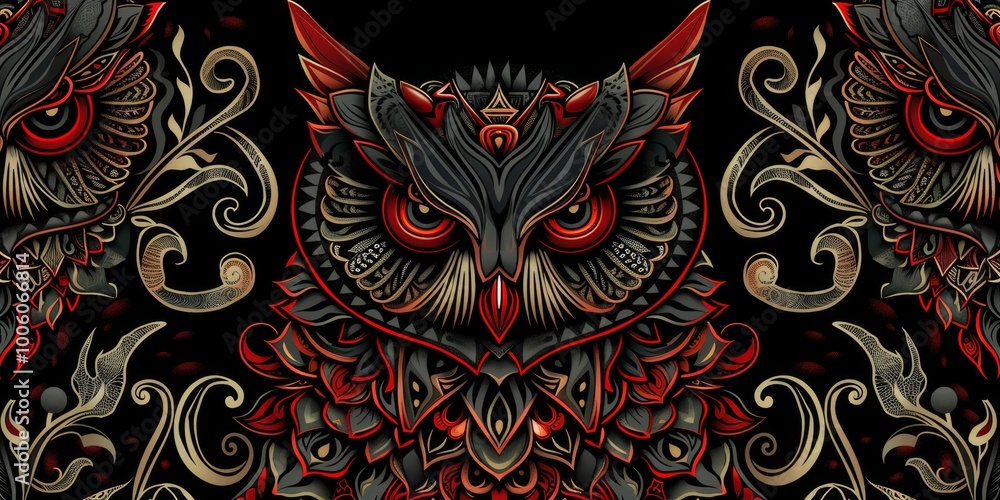Poster owl heads adorned with intricate tribal patterns in a repeating layout.