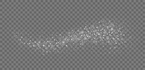 Snow wave witn many falling snowflakes on transparent background