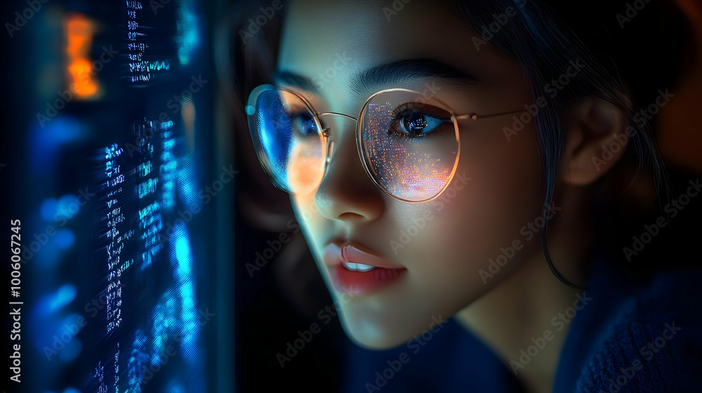 Poster Woman in Glasses with City Lights Reflection - A Digital Art Portrait