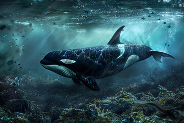 Fototapeta premium Fantastically beautiful majestic huge whale in ocean