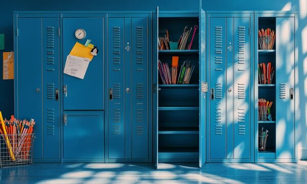 Blue school lockers with open doors and school supplies Video