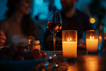 Obraz premium Luxury candlelight dinner setup for couple on Valentine day Romantic date anniversary, Generative AI