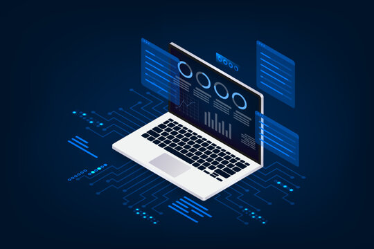 Isometric laptop monitor. Abstract digital technology innovation background.