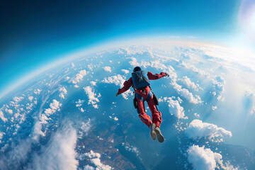 Parachutist with parachute makes heavenly adventure against backdrop of landscape