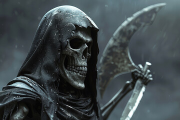 Scary grim reaper with scythe in hell on dark background with dramatic background
