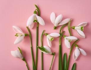 Obraz premium Creative layout made with snowdrop flowers on pink background. Minimal nature love background. Spring flowers concept.