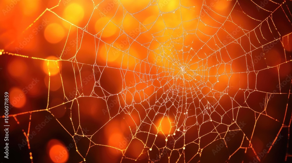 Poster a delicate spider web highlighted by glowing orange light and dew drops, creating a shimmering effec
