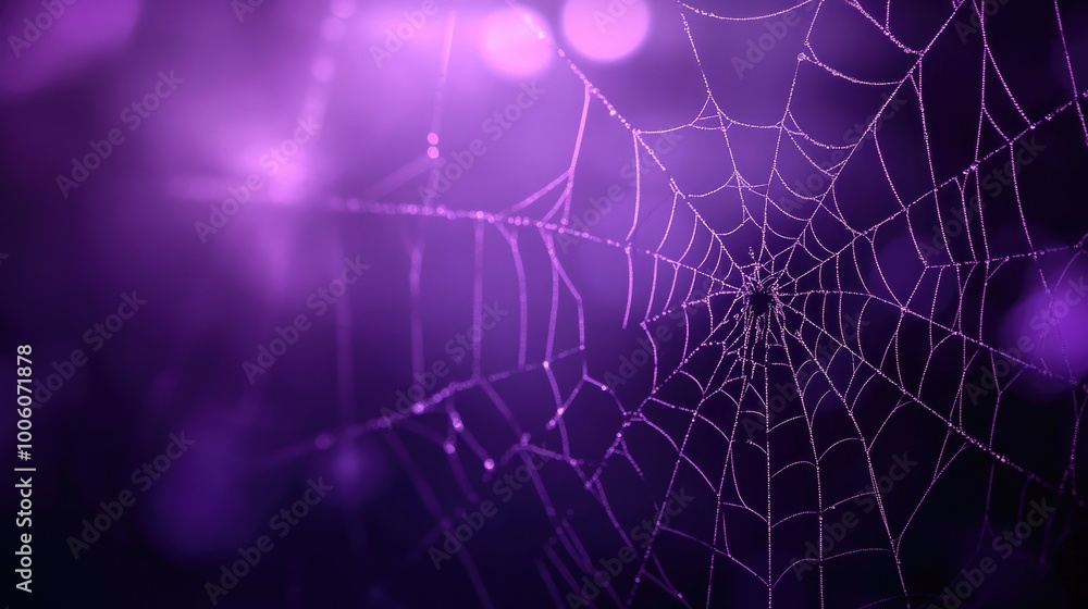 Wall mural intricate spider web highlighted by purple light, with soft glowing bokeh effects in the background,