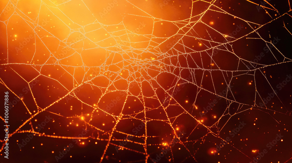 Canvas Prints spider web sparkling with droplets of dew illuminated by warm orange light, perfect for a halloween-