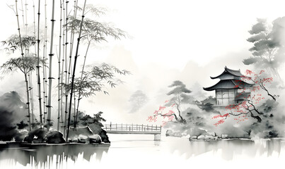 Traditional sumi-e painting with Zen Garden bamboo grove. Japan traditional painting suggests sumi-e, u-sin, go-hua.