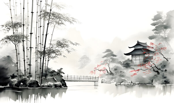Traditional sumi-e painting with Zen Garden bamboo grove. Japan traditional painting suggests sumi-e, u-sin, go-hua.