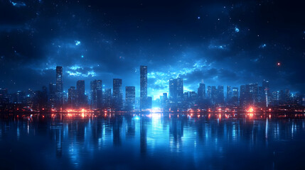 Naklejka premium Cityscape at Night with Stars and Reflections