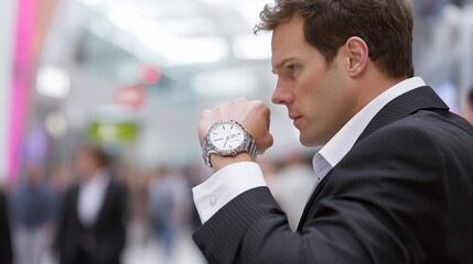 2409_007.side profile of a businessman wearing a suit, holding his wrist and looking at his watch in discomfort; the office environment bustling in the background