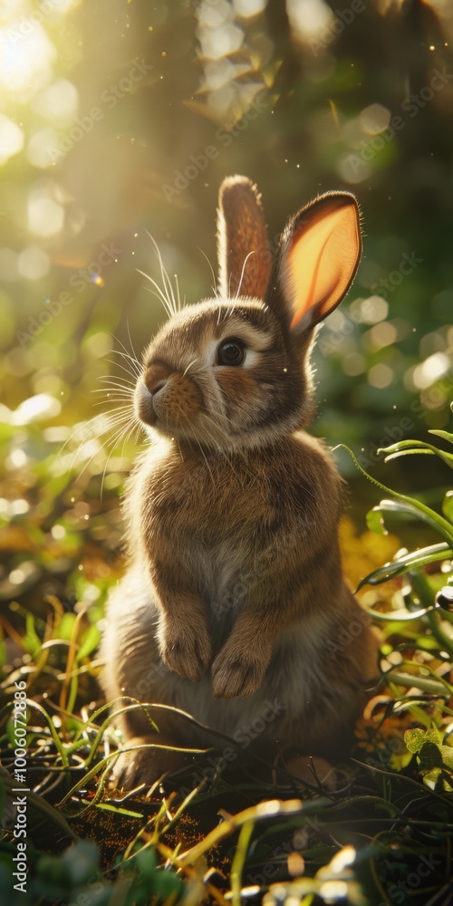 Poster a rabbit is standing in a field of grass. the rabbit is looking up at the camera. the scene is peace