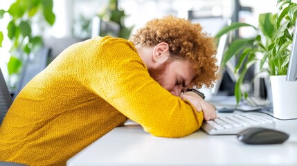 2409_013.a focused office worker seated at a desk, leaning forward with one hand on their shoulder, showing signs of tension and physical strain during a long workday