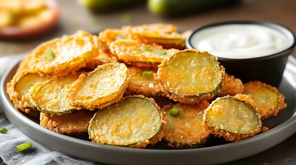 A plate of crispy fried pickles with a side of ranch dressing