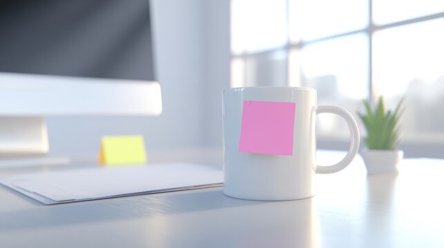 2409_016.an office desk scene featuring a computer, paperwork, and a coffee mug, with a sticky note reminder for taking breaks beside a hand gripping the shoulder in discomfort
