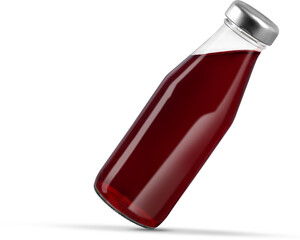 Mockup of glossy transparent bottle with pomegranate juice, metal cap, png