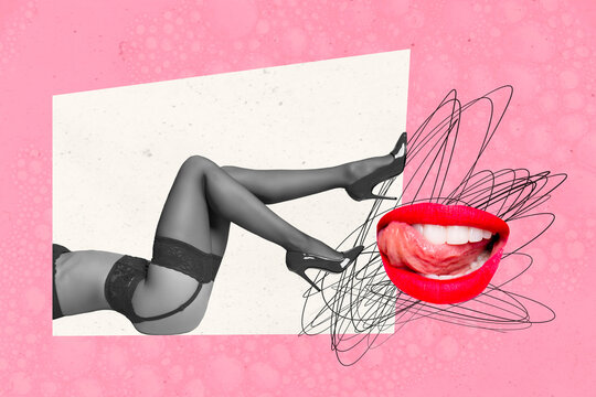 Creative collage image young sexy elegant lady legs high heels stockings lingerie mouth lick tongue tempting seductive concept
