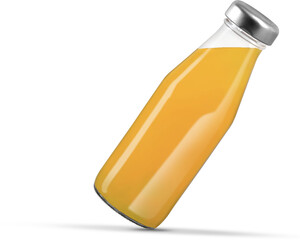 Mockup of a glossy transparent bottle with orange juice, metal cap, png