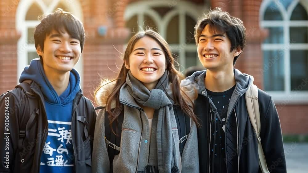 Poster a group of three friends stands together in front of a charming brick structure, sharing laughter an