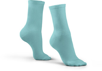 Mockup of high, long turquoise socks 3d rendering, png, side view